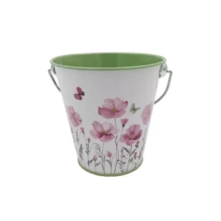 Balde ZINCO 12*12*11/18cm C/Flores VERDE/BRANCO
